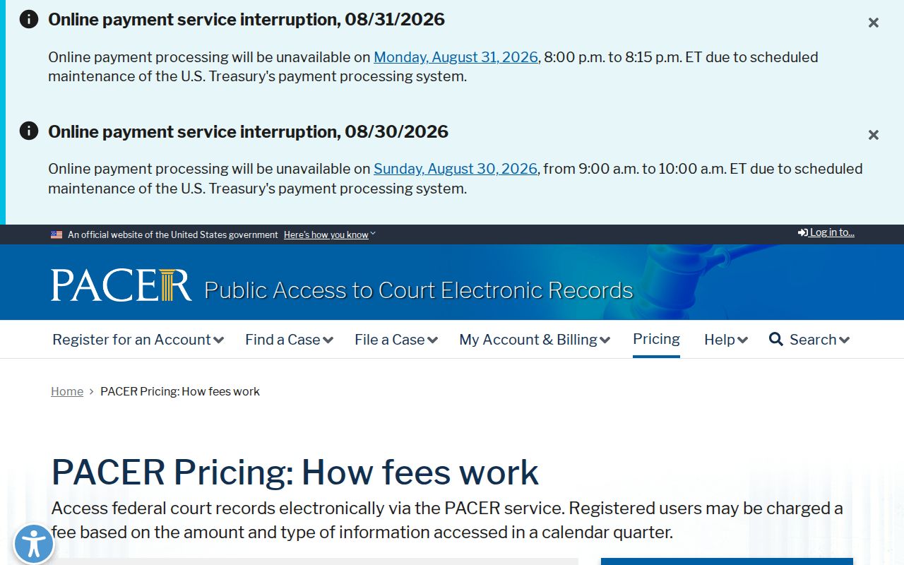 Saline County court records federal PACER pricing source