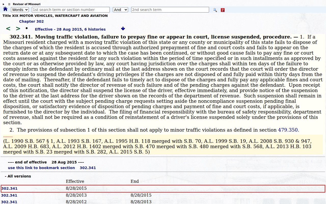 Saline County traffic court records Missouri notice and disposition statute