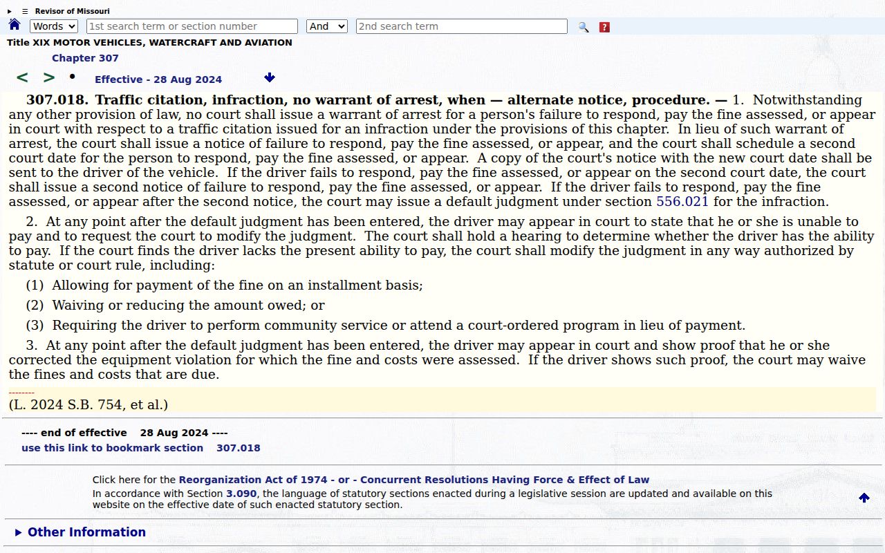 Saline County traffic court records Chapter 307 infraction notice statute